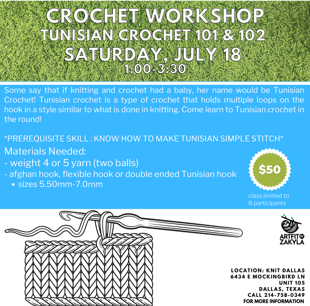 Crochet Workshop: Tunisian Crochet 101 & 102 - Saturday, July 18  3:00-5:30 pm